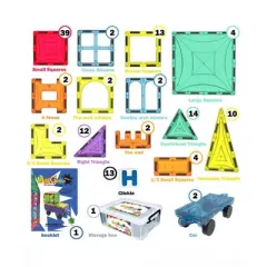 Mag Genius 120 pieces Magnetic Mathematical Shaped Colorful and Transparent Building Tiles + Bonus 13 double sided, click-in; Alphabet Letters