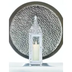 11.75" Metal Ornate Outdoor Lantern Silver - Zingz & Thingz: Candle Spike, Indoor/Outdoor Use, Baked-On Paint Finish
