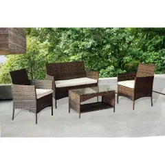 4pc Rattan Wicker Outdoor Lounge Chair with Cushions - Brown/Beige - GODEER