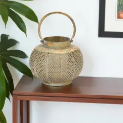HomeRoots 6" Bronze And Green Distressed Lattice Metal Tabletop Lantern Candle Holder