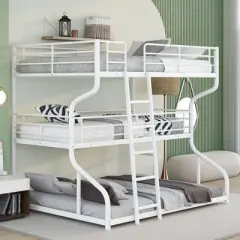 Full XL over Twin XL over Queen Size Metal Triple Bunk Bed with Ladder-ModernLuxe