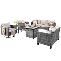 Ovios Tampa 6pc Wicker Outdoor Patio Furniture Set Conversation Sofa Loveseat with a Fire Pit, Swivel Chairs and Cushions