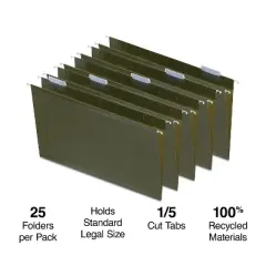 MyOfficeInnovations Recycled Reinforced Hanging File Folders 5-Tab Lgl Std Gn 25/BX 726595