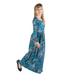24seven Comfort Apparel Girls Blue Paisley Long Sleeve Pleated Maxi Dress