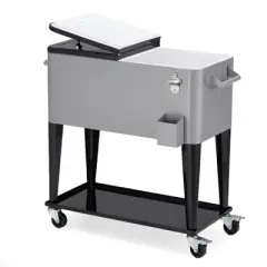 JOMEED 80 Quart/20 Gallon Wheeled Rolling Outdoor Patio and Deck Cooler Cart Ice Chest with Shelf, Drainage Hole Plug and Bottle Opener, Silver