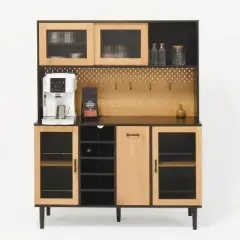 Kumasinova 59"Kitchen Hutch with Storage&Power Outlet,Farmhouse Pantry Cabinet with Pegboard,Coffee Bar Cabinet with Bottle Rack,Black