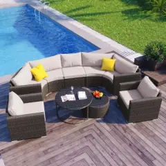 9 Piece Modern Wicker Half-Moon Patio Sectional Sofa Set,Round Rattan Garden Sofa with Cushion,Modular Wicker Patio Conversation Sets-Coolbibila