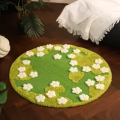 Fairyland&trade; - Floral Cat Garden Sisal Rug &ndash; Round Green Non-Slip Pet & Home Mat with 3D Flowers, Soft Teddy Velvet Accents