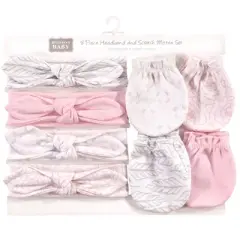 Hudson Baby Infant Girl Cotton Headband and Scratch Mitten Set, Gray Feather, 0-6 Months