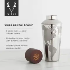 Viski Globe Stainless Steel Cocktail Shaker with Etched Map and Compass - Drink Mixers for Cocktails & Bar Shaker - 32 Oz, Silver