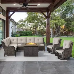POCASSY Patio Furniture Set With Fire Pit Table, Brown Wicker Outdoor Living Set, Patio Sectional Sofa, Patio Swivel Chair And Propane Fire Pit