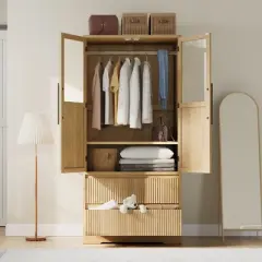 Bedroom Wooden Armoire Wardrobe Closet, Wardrobe Armoire Cabinet with 2  Doors and Drawers, Freestanding Armoire with Shelves & Hanging Rod