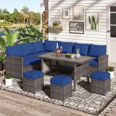 COWLOWN 7 Piece Blue Outdoor Patio Furniture Set, Brown Rattan with Dining Table, 3 Ottomans, Thickened Cushions for Backyard, Deck and Garden