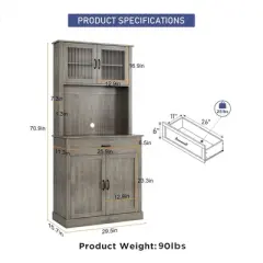 Kitchen Pantry Cabinet, 71" Tall Kitchen Hutch Storage Pantry with Microwave Stand, Freestanding Buffet with Shelves and Glass Doors