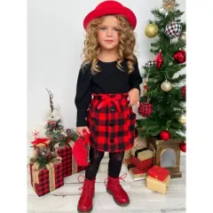 Girls Plaid Present Pocket Skirt Set - Mia Belle Girls