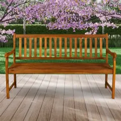Laurel 3-Seat Slat-Back Acacia Wood Outdoor Garden Patio Bench - JONATHAN Y
