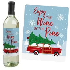 Big Dot of Happiness Merry Little Christmas Tree - Red Truck and Car Christmas Party Decor for Women and Men - Wine Bottle Label Stickers - Set of 4