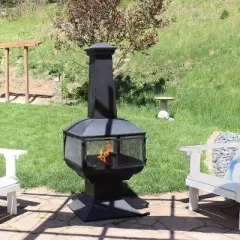 Sunnydaze Outdoor Backyard Patio Steel 360-Degree View Wood-Burning Fire Pit Chiminea with Wood Grate and Poker - 57" - Black