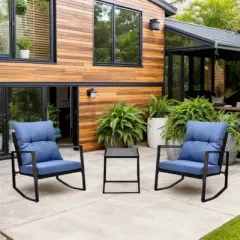 DOMETOUR 3 Pieces Patio Bistro Set Outdoor Rocking Chair w Blue Cushion for Yard Garden Poolside