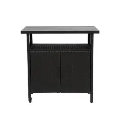 Outdoor Wicker Bar Cart with Storage and Wheels Patio Rattan Beverage Table with Plastic Wood Top for Garden Backyard or Poolside -The Pop Home