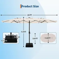 15ft Rectangular Patio Umbrella with Base - Large Outdoor Market Umbrella with Crank Handle & UV Protection for Pool/Backyard
