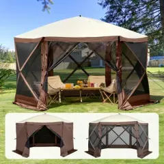 VEVOR Pop Up Gazebo Tent, Pop-Up Screen Tent 6 Sided Canopy Sun Shelter, 11.5x11.5FT Quick Set Screen Tent with Mosquito Netting, Brown