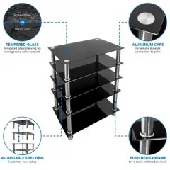 Mount-It! Tempered Glass AV Component Media Stand, Audio Tower and Media Center with 5 Shelves, 220 Lbs Total Capacity, Black Shelves Chrome Legs