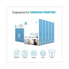 HP Papers Office20 Paper, 92 Bright, 20 lb Bond Weight, 8.5 x 11, White, 500 Sheets/Ream, 5 Reams/Carton