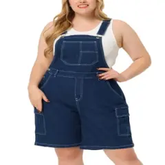 Agnes Orinda Women's Plus Size Denim Overalls Cross Back Cargo Pocket Adjustable Strap Jeans Shortalls