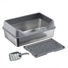 Stainless Steel Cat Litter Box, With High Sides, 4 Silent Anti-slip Pads, Double Layer Litter Mat And Scoop, Easy Clean, Large Enclosure Litter Box
