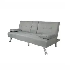 Aukfa 66.3" Adjustable Back Futon Sleeper Sofa Bed with Cup Holders, Chrome Legs & Linen Upholstery