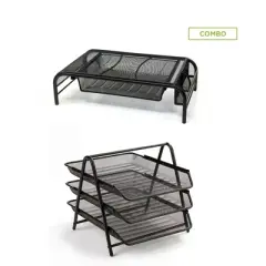 Mind Reader 3 Tier Metal Mesh Monitor Stand with Drawer Organizer Black