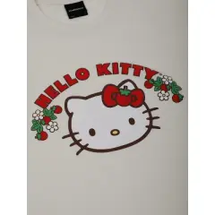 Hello Kitty Strawberries Puff Print Crew Neck Short Sleeve White Unisex Adult T-shirt