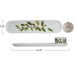Storied Home Stoneware Platter and Dish with Holly Leaves and Berries "Happy Holidays", Multicolor, Set of 2