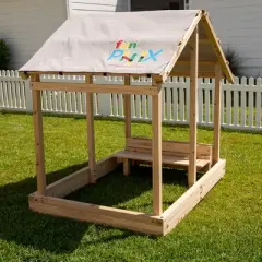 Funphix Dig n&rsquo; Play Wooden Sandbox Playhouse with Bench & Flower Planter, Outdoor Sand Pit for Kids