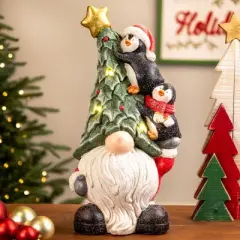 Northlight Lighted Gnome with Penguins Christmas Decoration -17" - Clear LED Lights