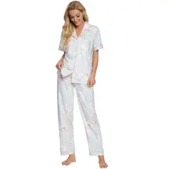 cheibear Womens 2pcs Floral Button Down Pajama Set Nightwear Sleepwear
