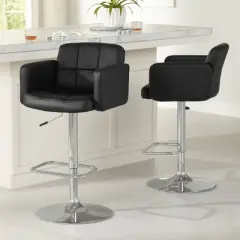 Studio 55D Chrome Swivel Bar Stools 32 3/4" High Set of 2 Modern Black Faux Leather Adjustable for Kitchen Counter Height Island