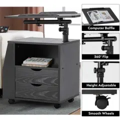 EROMMY 360 Degree Swivel Top Adjustable Height Bedside Nightstand End Table with Storage Drawers, Shelves, Lockable Wheels, and Computer Baffle, Black
