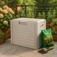 IRIS USA 35-Gallon Outdoor Deck Storage Box, Lockable & UV-Protected, Weather-Resistant Patio Storage for Cushions, Beige