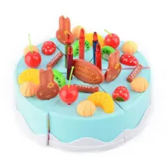 Insten 75 Piece Toy Birthday Fruit Decorate Cake, Pretend Desserts Play Food Playset, Blue