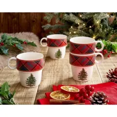 Spode Christmas Tree Tartan Stacking Mugs, Set of 4 - Festive Tartan Design Coffee Cups, 10oz Earthenware Mugs, Colorful and Fun Stackable Mugs