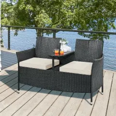 Yaheetech Outdoor Wicker Double Chair with Removable Cushions&nbsp;& 1 Tempered Glass Side Table,&nbsp;Black