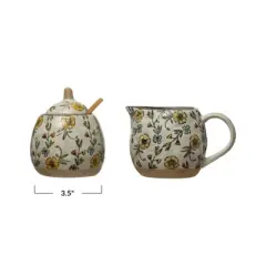 Storied Home Hand-Painted Stoneware Sugar Pot and Stoneware Creamer with Lid and Bamboo Spoon, Multicolor