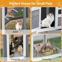 Whizmax Wooden Rabbit Hutch, Small Animal Habitat with Weather-Resistant House & Courtyard, Outdoor Bunny House with Wire Fence and Cleaning Tray