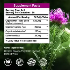 Alliwise Liver Health Support Liquid, Milk Thistle 80% Silymarin Extract & Dandelion Root Extract, Vegan, Non-GMO, 2 Bottle (2 Fl.oz)