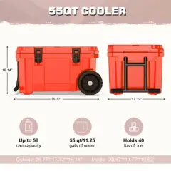 SOZT Red 55 qt. Portable Chest Cooler, Leak-Proof Outdoor Insulated Cooler with Handle and Wheels for Camping, Beach, Boat