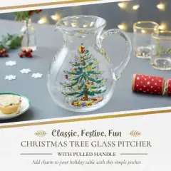 Spode Christmas Tree Glass Pitcher with Handle, 96oz, Festive Holiday Serveware, Beverage Jug