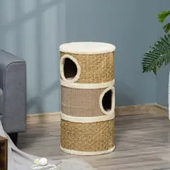 LOVMOR 28 Inch Cat Condo, 3 Story Cat Hideaway with Sisal Scratching Pad, Barrel Shaped Small Cat Tree for Indoor Cats