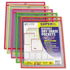 C-Line Reusable Dry Erase Pockets 9 x 12 Assorted Neon Colors 10/Pack 40810